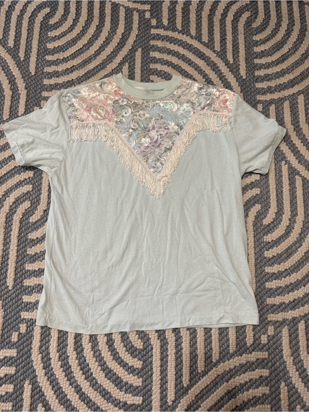 Vintage 90s Fashion Smith Pastel Western Lace Fringe T Shirt Made in USA